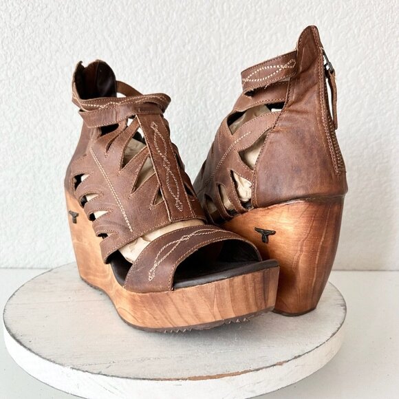 NEW Lane Boots BECCA Womens Brown Wedges 11 Western Sandals Cowgirl Wooden Heels - Picture 1 of 11